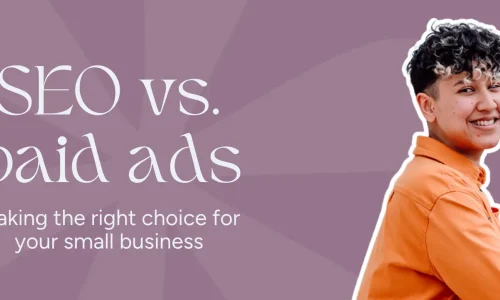 Marketing by Rocio owner posing right next to words, "SEO vs paid ads"