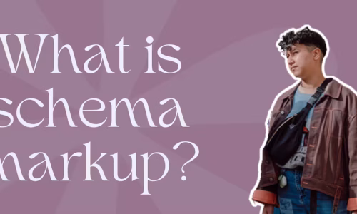 Marketing by Rocio founder posing next to words, "What is schema markup?"
