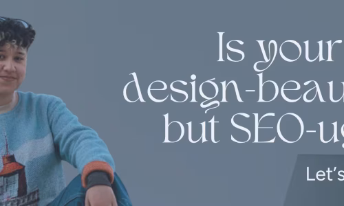 Marketing by Rocio founder posing right next to words, "Is your site design-beautiful but SEO-ugly?"