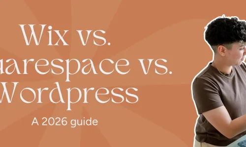 Marketing by Rocio founder reading through their notes right next to the words "Wix vs Squarespace vs Wordpress"